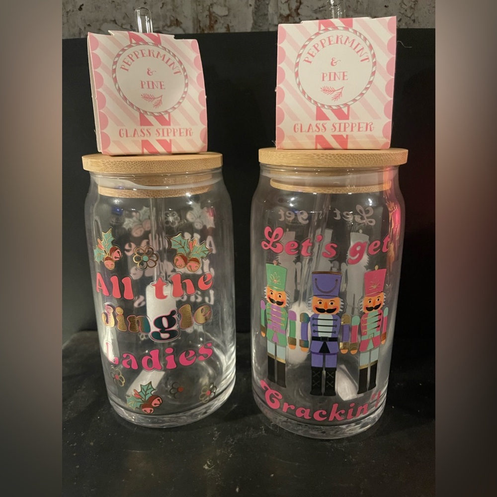 Set of two holiday glasses with straw